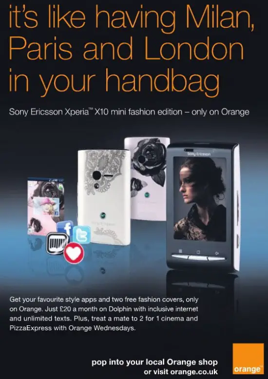 sony ericsson xperia x10 mini fashion edition. Get this phone for free on a two-year, 20 pounds per month tariff by vising your local Orange shop. Sony-Ericsson-X10-Mini-Fashion-Edition-Android-Orange-