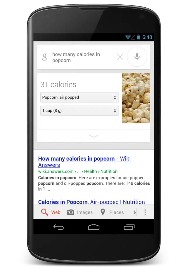 Google Search popcorn nutrition information