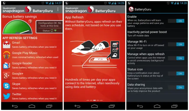 Qualcomm Snapdragon BatteryGuru app screenshots