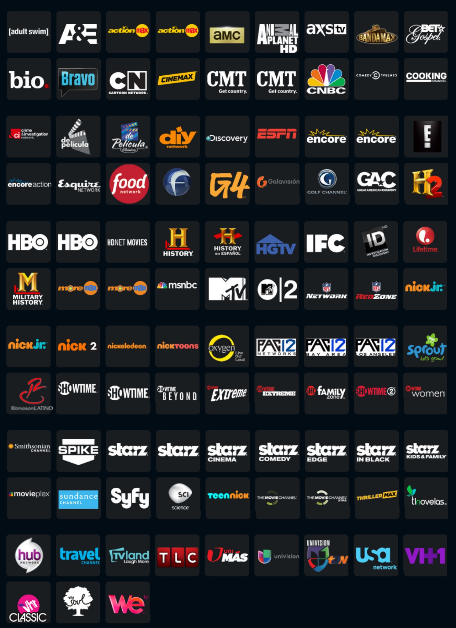 list of channels on vu stream tv