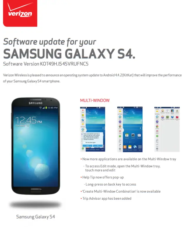 Samsung Galaxy S4 KitKat software update I545VRUFNC5