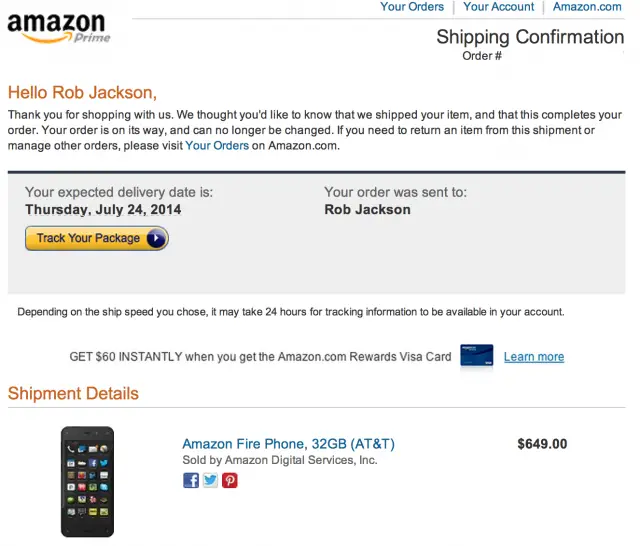 Amazon Fire Phone shipping confirmation
