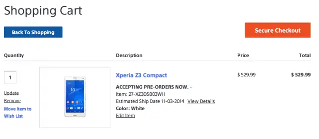 Sony Xperia Z3 Compact ship date