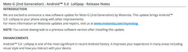 Moto G 2nd Gen 2014 Android 5.0 Lollipop release notes