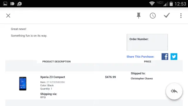 Sony Xperia Z3 Compact shipping email