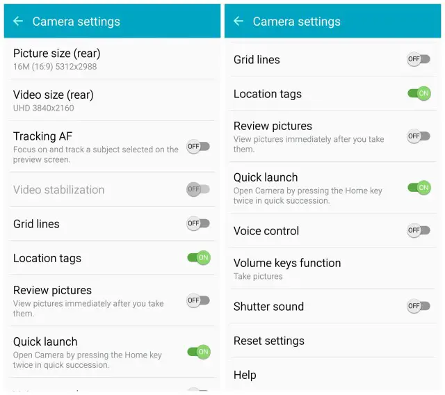 Samsung Galaxy S6 camera settings