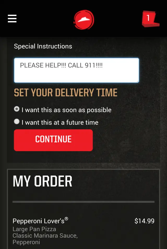 Pizza Hut app CALL 911