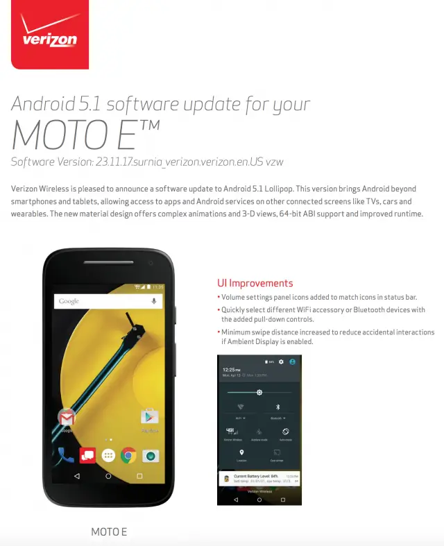 Motorola Moto E 2015 Android 51 Lollipop Verizon