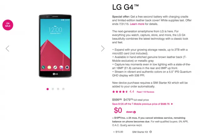 LG G4 T-Mobile price drop 480 dollars