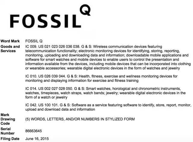 Fossil Q trademark USPTO filing