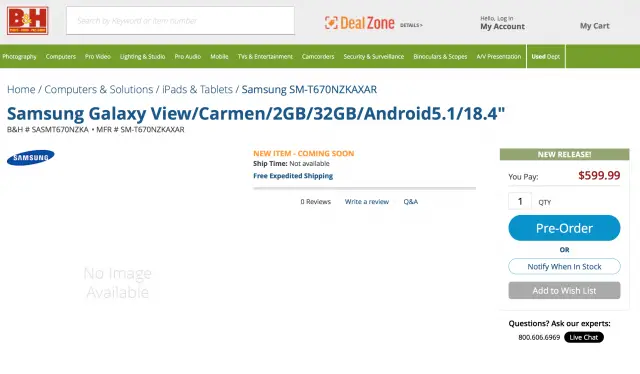 Samsung Galaxy View BandH listing