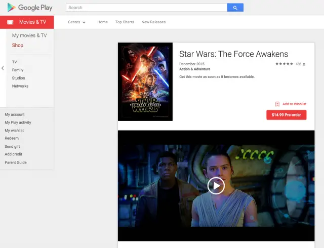 Star Wars The Force Awakens Google Play preorder