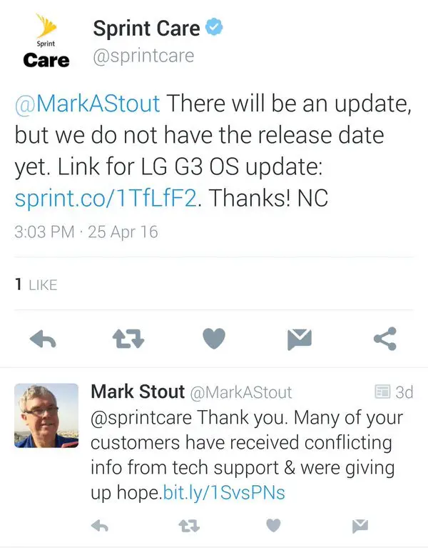 Sprint LG G3 Marshmallow tweet