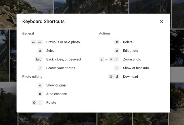 google photos keyboard shortcuts