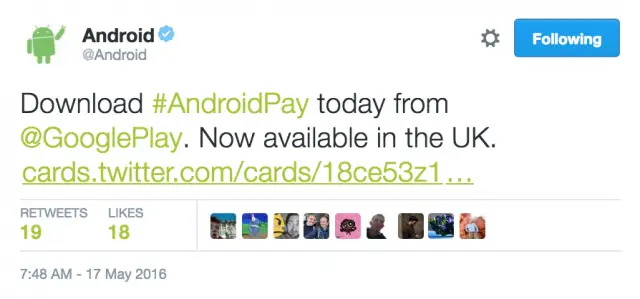 Android Pay UK tweet