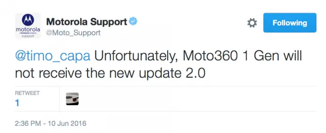 Moto 360 2014 Android Wear 2.0 update tweet