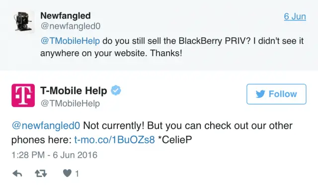 T-Mobile BlackBerry Priv Tweet