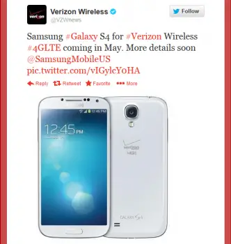 Verizon Samsung Galaxy S4 Release Date Twitter Screenshot