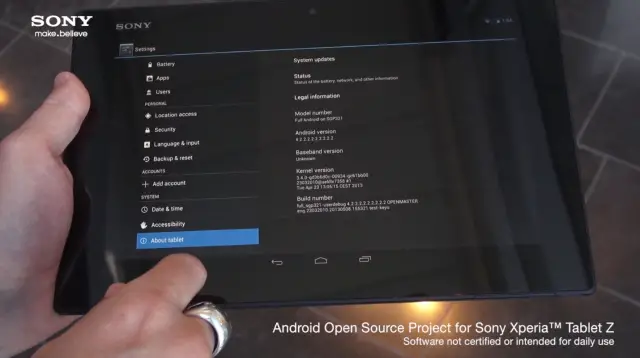 Sony Xperia Tablet Z settings