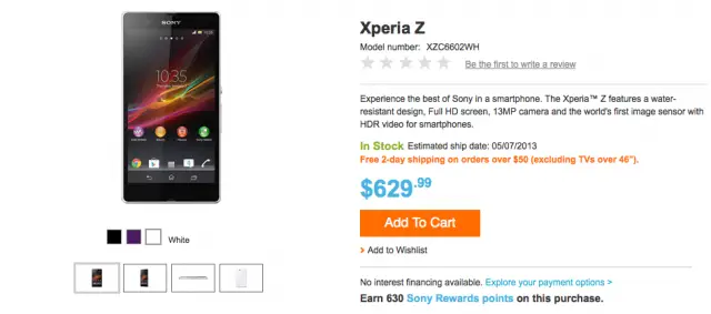 Sony Xperia Z unlocked 630 dollars