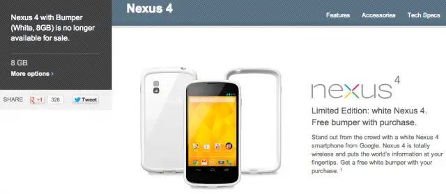 8GB white Nexus 4 with bumper sold out