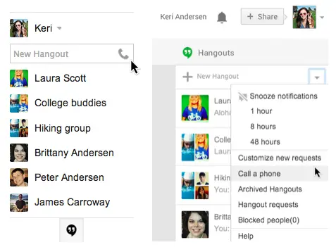 Google Hangouts phone calls Gmail