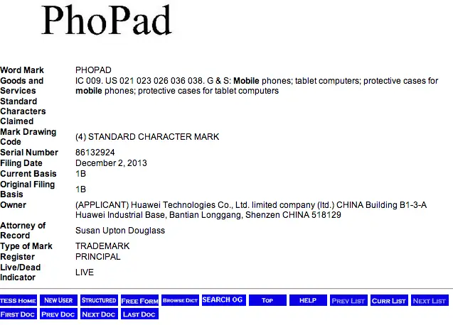 Huawei PhoPad Trademark