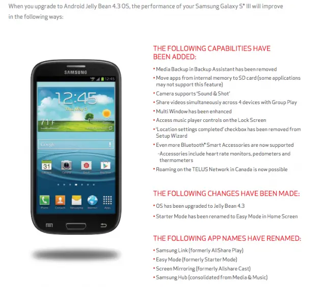 Verizon Galaxy S3 Android 4.3 update benefits