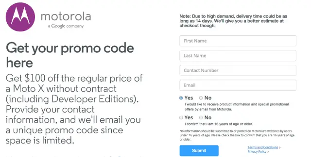 Moto X 100 off sale code