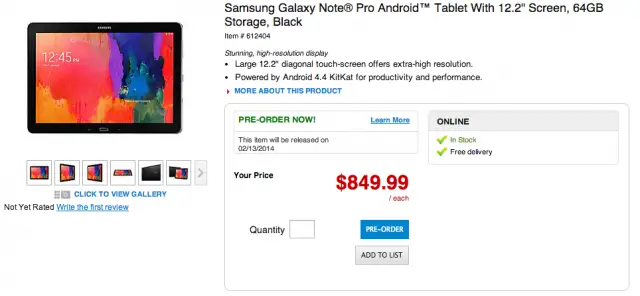Samsung Galaxy Note Pro screenshot pre-order