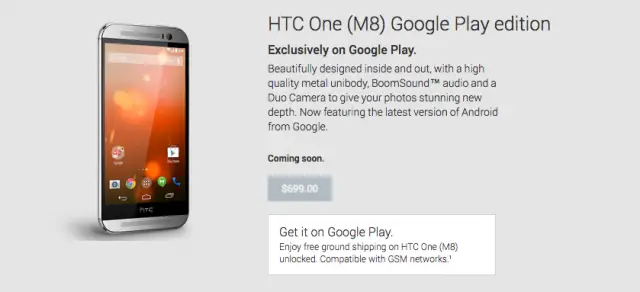 HTC One M8 Google Play edition listing