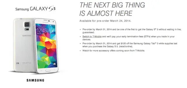 T-Mobile Samsung Galaxy S5 preorder page