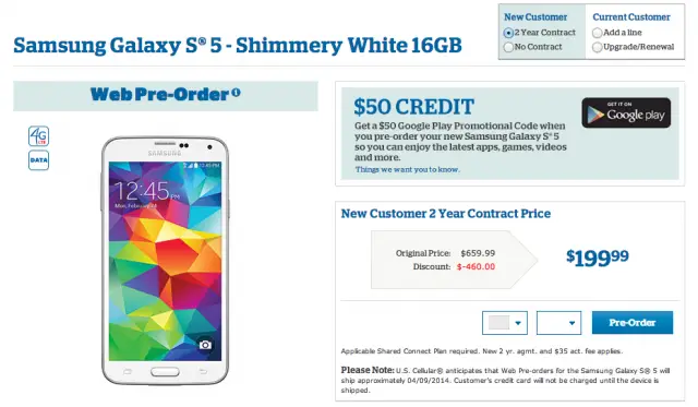 US Cellular Samsung Galaxy S5 preorder