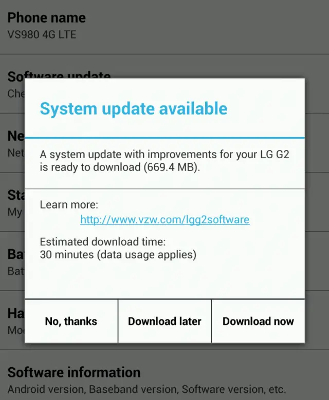 Verizon LG G2 KitKat OTA update