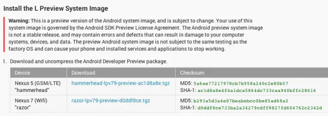 Android L developer preview factory images