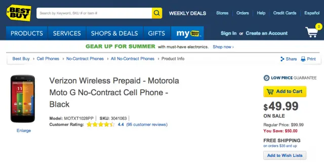 Motorola Moto G Best Buy listing
