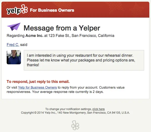 Yelp Business Message email screenshot