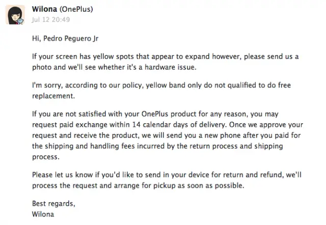 OnePlus One customer service yellow band issue