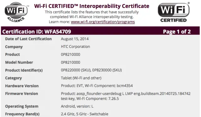 HTC Flounder WiFi Certification