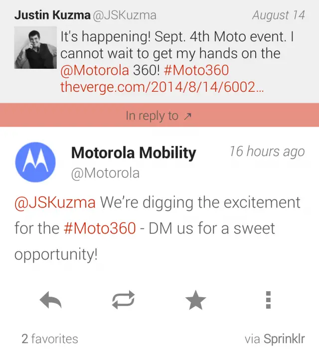 Motorola Twitter DM Moto 360 early access