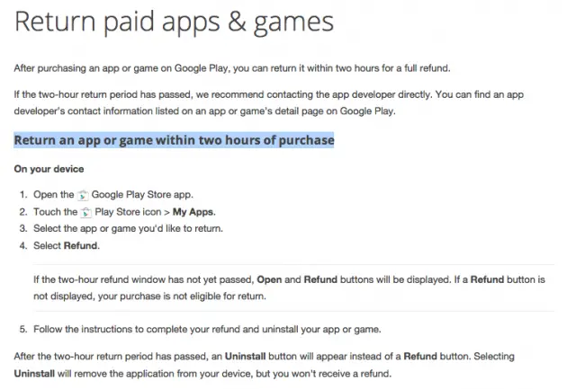 Google Play refund policy 2 hours