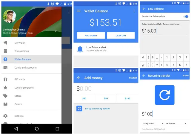 Google Wallet update 7.0 low balance alert recurring transfer