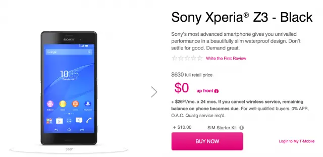 T-Mobile Sony Xperia Z3 Preorder page
