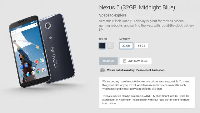Nexus 6 Play Store listing Weds stock