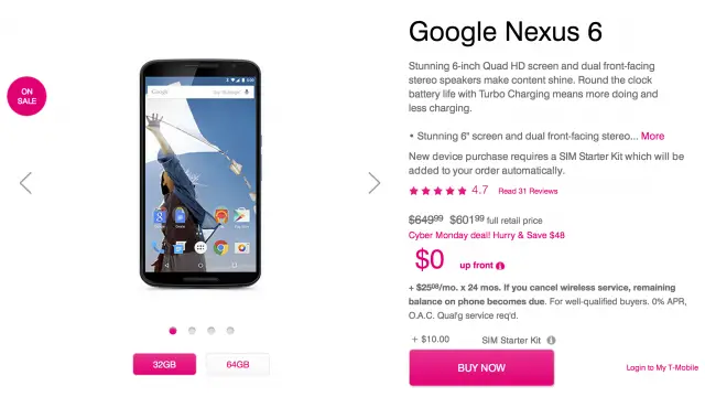 Nexus 6 T-Mobile Cyber Monday Deal