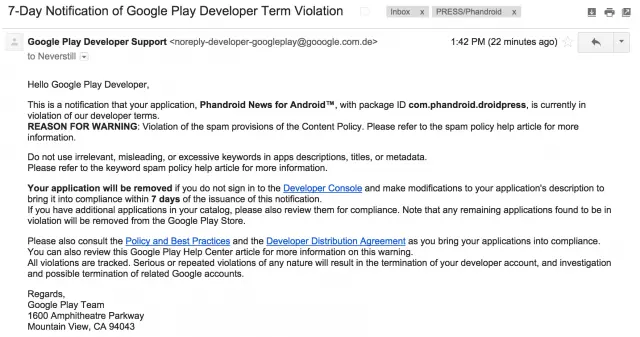 Google Play Violation phishing scam