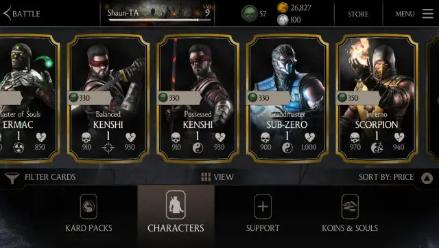 Mortal Kombat X character cards