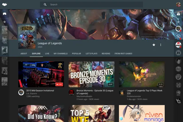 YouTube Gaming game page desktop