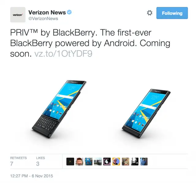 Verizon BlackBerry PRIV tweet