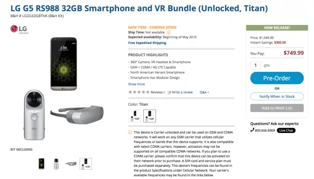 LG G5 unlocked VR bundle BH
